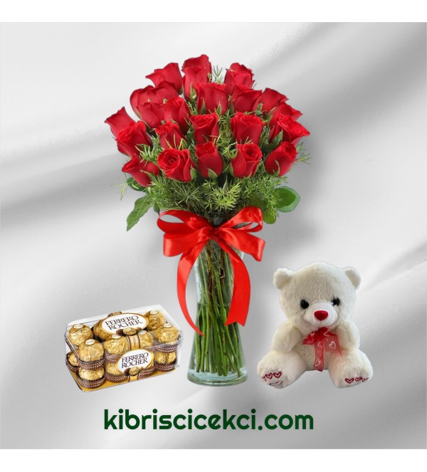 Vazoda 25 Kırmızı Gül Ayıcık 16'lı Ferrero Çikolata